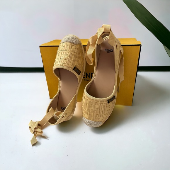 Fendi Yellow FF Logo Embroidered Fabric Ankle Wrap Espadrille Flats - Picture 5 of 7